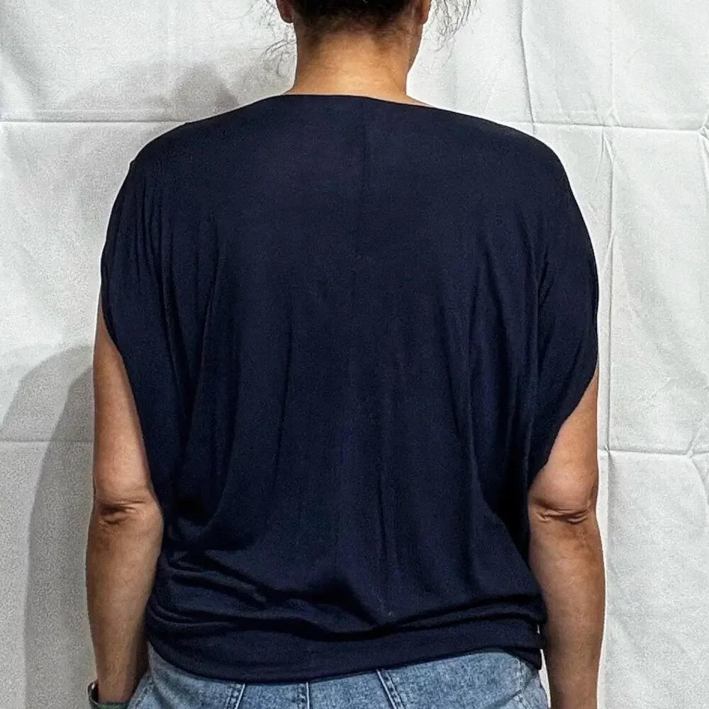 White House Black Market Navy Embellished Trim V-Neck Blouse Sz M